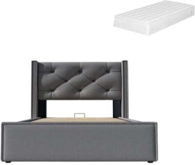 Gotagee Hydraulisch Gestoffeerd bed 90x200 cm Eenpersoonsbed Met lattenbodem uit metalen frame Modern bedframe Met opbergruimte Katoen Grijs Met matras