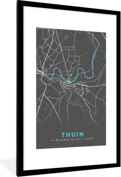 Fotolijst incl. Poster - Stadskaart – Grijs - Kaart – Thuin – België – Plattegrond - 80x120 cm - Posterlijst