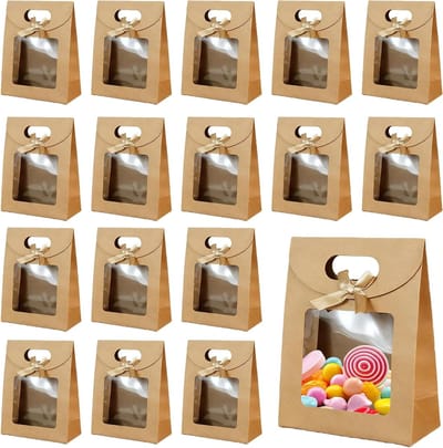 Cadeauzakjes met venster - 30 stuks bruine papieren zakken 12 x 16 x 6 cm voor bruiloft, Kerstmis en geschenken, ideaal voor snoep en banketverpakking