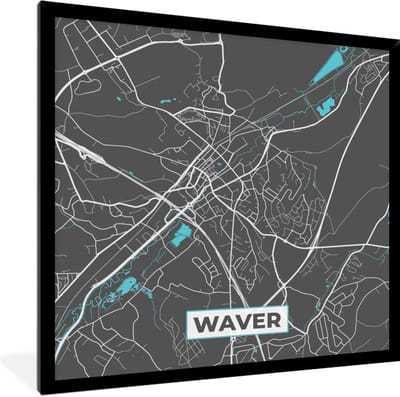 Fotolijst incl. Poster - België – Waver – Stadskaart – Kaart – Blauw – Plattegrond - 40x40 cm - Posterlijst