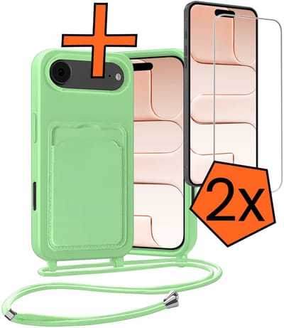 Hoesje Geschikt voor iPhone Air Hoesje Met Telefoonketting Pasjeshouder Case Met 2x Screenprotector Koord - Hoesje Geschikt voor iPhone Air Hoes Met Kaarthouder - Groen