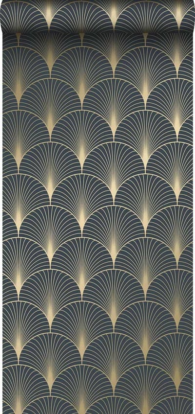ESTAhome behang art deco motief donkerblauw en goud - 53 cm x 10.05 m - 139231