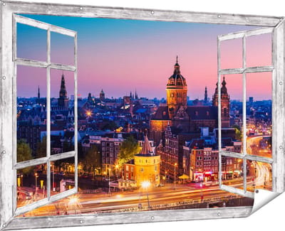 Gards Tuinposter Doorkijk Amsterdam Skyline bij Zonsondergang - 180x120 cm - Tuindoek - Tuindecoratie - Wanddecoratie buiten - Tuinschilderij