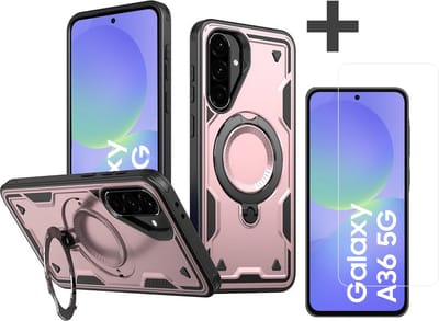 Hoesje Geschikt voor Samsung Galaxy A36 met gehard glas Screenprotector - Armor hoes met Ringhouder - Arara backcover - Rosegoud