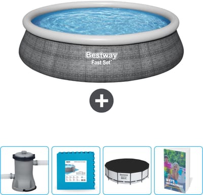 Bestway Rond Opblaasbaar Fast Set Zwembad - Rotanprint - 457 x 84 cm - Inclusief Pomp Vloertegels - Afdekzeil - Zwembadgids