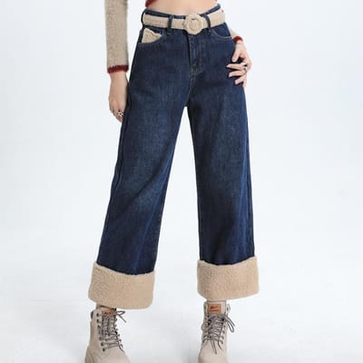 Pantalon droit pour femme Automne et Hiver Ceinture à neuf points Jeans étroits à jambes larges pour femme Automne et Hiver 2XL blue