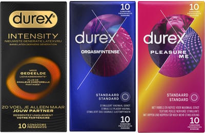 Durex - 30 stuks Condooms - Intensity 10st Nieuwste generatie ultradun, gedeelde lichaamswarmte - Orgasm Intense met Stimulerende Gel 10st - Pleasure Me met ribbels 10st - Voordeelverpakking