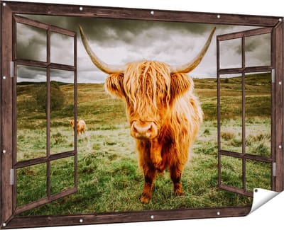 Gards Tuinposter Doorkijk Schotse Hooglanders in de Weide met Wolken - 180x120 cm - Tuindoek - Tuindecoratie - Wanddecoratie buiten - Tuinschilderij
