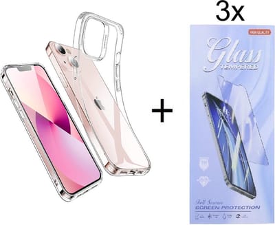 Hoesje Geschikt voor: iPhone 13 Silicone Transparant + 3X Tempered Glass Screenprotector - ZT Accessoires