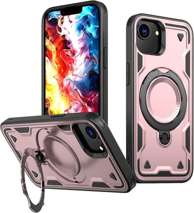 Magsafe Hoesje Geschikt voor iPhone 16e / iPhone 17e Hoesje Rose Goud - Armor Hoesje met Met Draaibare Ring Houder