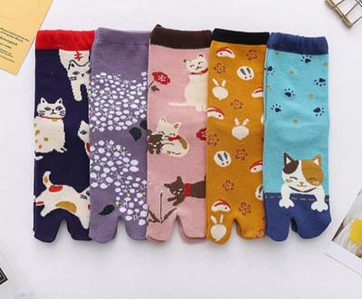 Teensokken dames - teen sokken - toesocks - 3 paar - blauw - roze - gtijs - leuke print kat - 36 - 40 - sport - pilates - gift - cadeau voor haar - geschenk