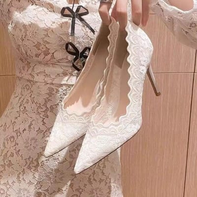 Bruid Witte Kant Stiletto's Hoge Hakken Vrouwen Feest Puntige Neus Mesh Ondiepe Pumps Luxe Design Leer Officiële Bruiloftsschoenen 37 brown