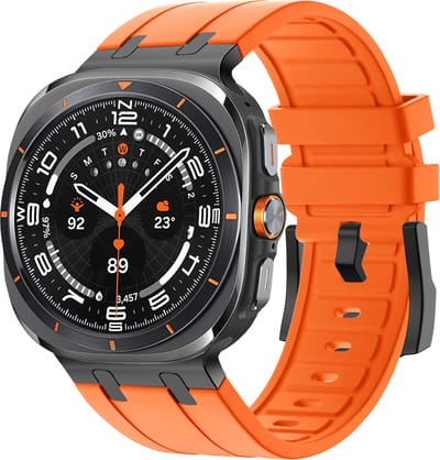 Bandz Siliconen band 'Luxe Liquid' - geschikt voor Samsung Galaxy Watch Ultra 2 (2026) / Ultra (2024/2025) - oranje met zwarte connectors