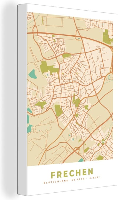 Canvas Schilderij Frechen - Kaart - Vintage - Stadskaart - Plattegrond - 20x30 cm - Wanddecoratie