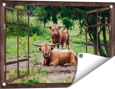 Gards Tuinposter Doorkijk Twee Schotse Hooglanders in de Bossen - 60x40 cm - Tuindoek - Tuindecoratie - Wanddecoratie buiten - Tuinschilderij