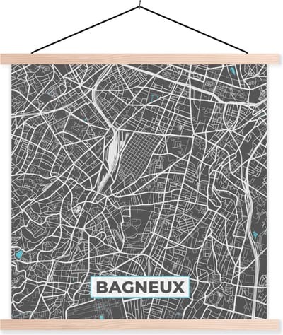 Posterhanger incl. Poster 40x40 cm - Schoolplaat - Bagneux - Frankrijk - Plattegrond - Stadskaart - Kaart - Textielposter - Blanke latten - Stadskaart