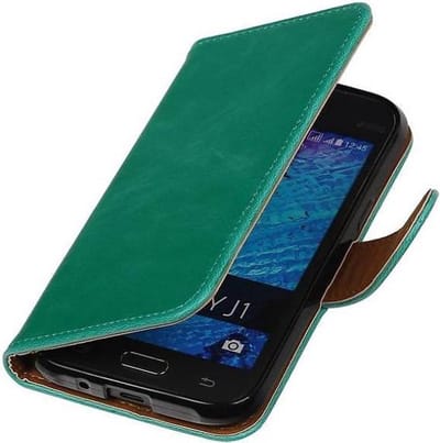 Zakelijke Book Case Telefoonhoesje Geschikt voor de Samsung Galaxy J1 J100F - Portemonnee Hoesje - Pasjeshouder Wallet Case - Groen