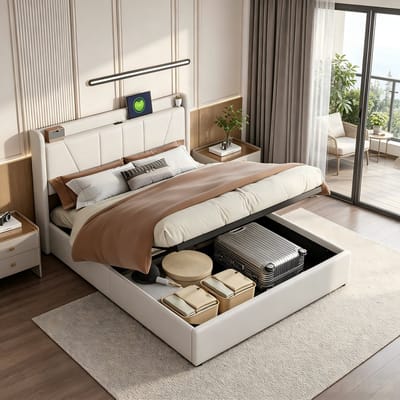 Gestoffeerd bed 160x200 cm met Opbergruimte – Opbergbed met Lattenbodem, USB-Stopcontact en Hoofdeinde, Hydraulisch Tweepersoonsbed – Linnen Beige - zonder matras