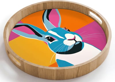 Dienblad rond 40x40 cm - Schootdienblad hout - Haas - Kleurvakken - Oren - Roze - Borrelplank rechthoek - Plateau houten dienbladen
