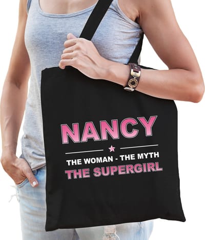 Naam cadeau Tasje voor Nancy - The woman, The myth the supergirl - katoenen - zwart - verjaardag - moederdag - collega - vriendin