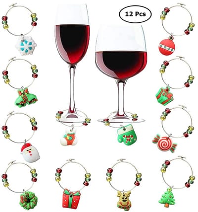 Dailygoods- Wijnglas Charms 12 Stuks - PVC Kerst Thema - Drink Markers - Wijn/Cocktail/Champagne - Decoratie - Herkenning - Wijnmarkers