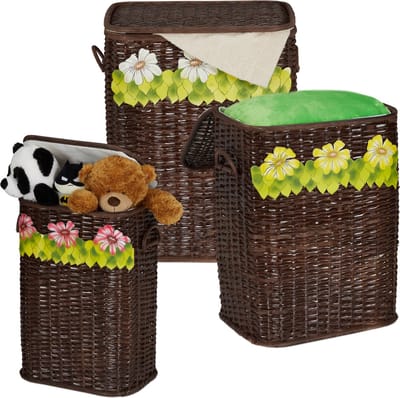 relaxdays wasmand - set van 3 - opbergmand met deksel - rieten mand - gevlochten A