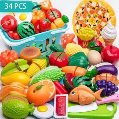 Sogiol® Speelgoed Keuken - 34 pcs Keukenspeelgoed - Kinderkeukengerei Dinette Voedsel Groenten en fruit Snijspeelgoed, kookspelaccessoires - Speelkeukentje voor kinderen vanaf 3 jaar