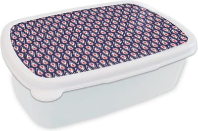Broodtrommel Wit - Lunchbox Patronen - Vintage - Blauw - Rood - Brooddoos 18x12x6 cm - Brood lunch box - Broodtrommels voor kinderen en volwassenen