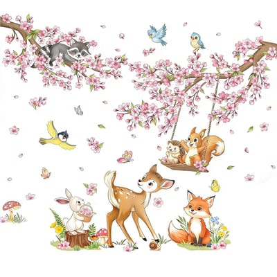 Dailygoods- Muursticker Kersenbloesem - Wanddecoratie Bloemen - Bosdieren/Vossen - Roze Muurstickers - Slaapkamer/Woonkamer - Hoogwaardige Kwaliteit
