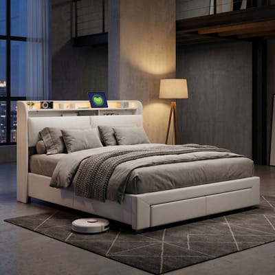Tweepersoonsbed 160x200 cm – Crèmewit Opbergbed met Gestoffeerd Hoofdbord, LED-Verlichting, USB en Opbergruimte