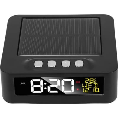 Horloge de voiture solaire 12h 24h Horloge LCD automobile avec affichage de la date et de la température Deux alarmes Alerte de conduite fatigante pour noir