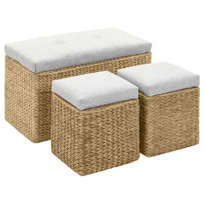 vidaXL - Bankje - met - 2 - poefs - zeegras - grijs