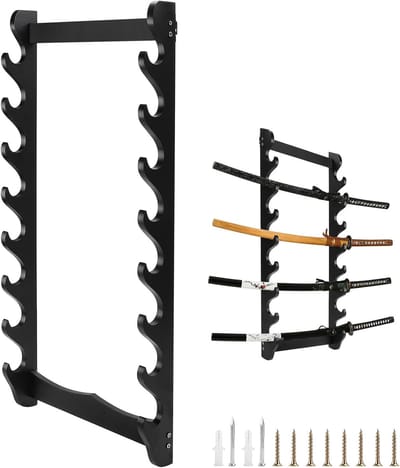 8-Step Wandbeugel voor Zwaarden - Zwarte Houten Zwaardhouder 75x32cm voor Vissrods - Zwaarden en Fluiten