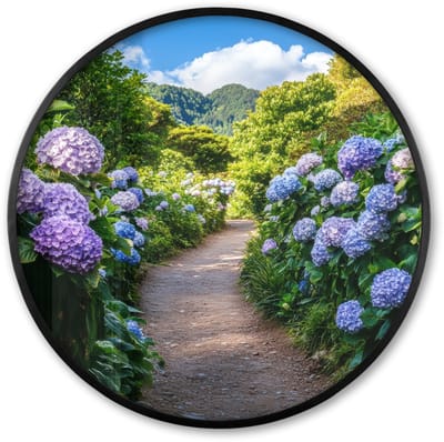 Poster in lijst Rond - Fotolijst 60x60 cm - Posters - Hortsensia - Pad - Bloemen - Ronde posterlijst zwart - Decoratie - Wanddecoratie woonkamer - Muurdecoratie slaapkamer