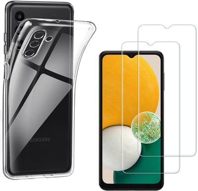 Hoesje Ultraslank geschikt voor Galaxy a13 5G / a04s backcover siliconen Transparant en 2 stuks ScreenProtector Gehard Glas