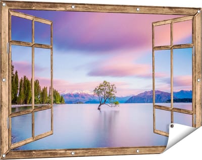 Gards Tuinposter Doorkijk Wanaka Boom in het Water bij Zonsopgang - 120x80 cm - Tuindoek - Tuindecoratie - Wanddecoratie buiten - Tuinschilderij