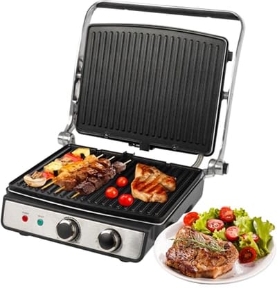 Contactgrill voor vetvrij grillen - Elektrische Grill voor Panini, Steaks en Toasts met Traploos Regelbare thermostaat