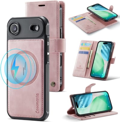 Casemania Hoesje Geschikt voor Apple iPhone 17 Air - Pale Pink - Geschikt voor MagSafe - Luxe Kunstleer 2 in 1 Afneembare Bookcase - Magnetische Telefoonhoesje met Pasjeshouder en Standaardfunctie