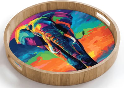 Dienblad rond 40x40 cm - Schootdienblad hout - Olifant - Kleurrijk - Lucht - Abstract - Borrelplank rechthoek - Plateau houten dienbladen