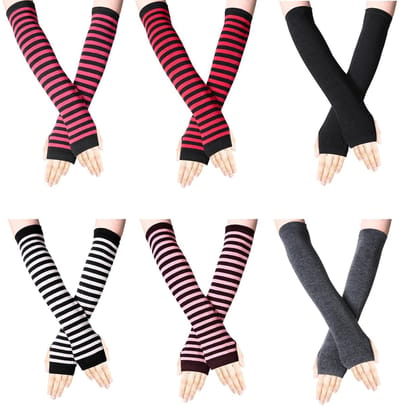 Dailygoods- Vingerloze Handschoenen - Lange Armwarmers - 6 Paar Gestreept - Dames - Voor Herfst/Winter - Nylon Materiaal