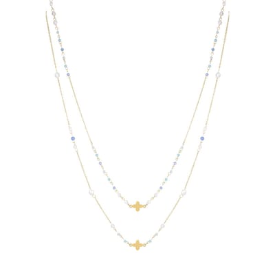 Clover Duo Ketting | RVS (Verkleurt niet) | Goudkleurig | Blauw | Beste Cadeau Voor Haar | Geluk Kettingen | Lange Kettingen