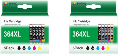 INKFIND 364XL voor HP364 HP 364 HP364X HP 364XL inkt van 10 stuks (2 x 5pack= 2 x foto Zwart, 2 x Zwart, 2 x Cyaan, 2 x Magenta, 2 x Geel), foto Zwart wordt gebruikt voor 5-kleurenprinters, de houder voor fotozwart is dunner dan de zwart cartridge.