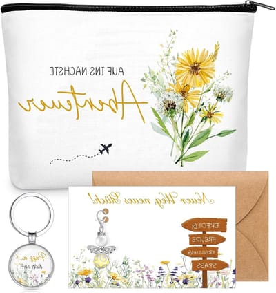 Inspirerende cadeau set voor collega's met een cosmetica tas, beschermengel sleutelhanger en gelukwensen kaart voor afscheid, baanwisseling of pensioen, Multicolour