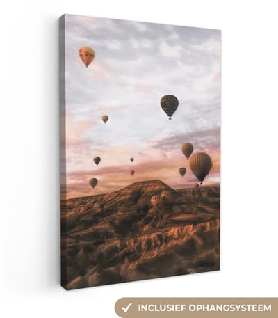 Canvas schilderij 20x30 cm - Wanddecoratie Landschap - Luchtballon - Bergen - Bruin - Muurdecoratie woonkamer - Slaapkamer decoratie - Kamer accessoires - Schilderijen op canvas