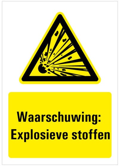 Bord met tekst waarschuwing explosieve stoffen, kunststof, W002 148 x 210 mm