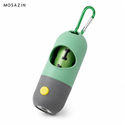 MOSAZIN Poepzakjeshouder met LED Lamp – Hondenpoepzakjes Dispenser met Karabijnhaak – Inclusief 1 Rol Poepzakjes – Groen