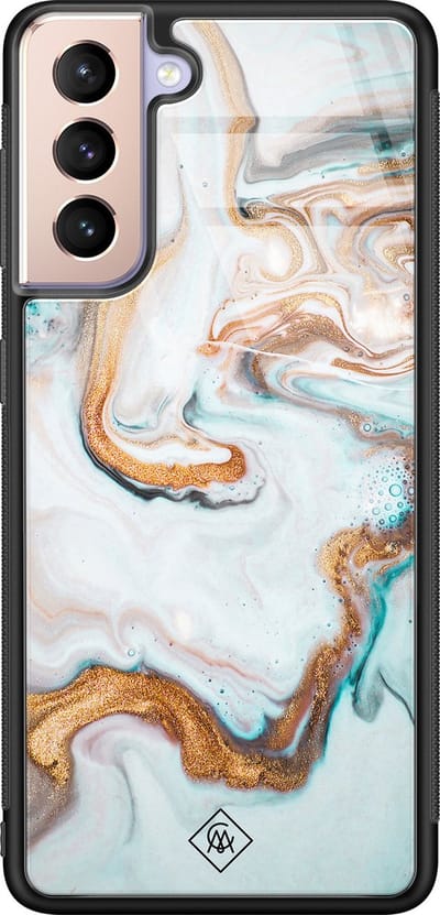 Casimoda® hoesje - Geschikt voor Samsung Galaxy S21 - Goud Blauw Marmer - Luxe Hard Case Zwart - Backcover telefoonhoesje - Blauw