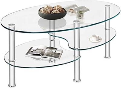 Ovale glazen salontafel met 3 opslagniveaus - Transparant meubel voor woonkamer en kantoor