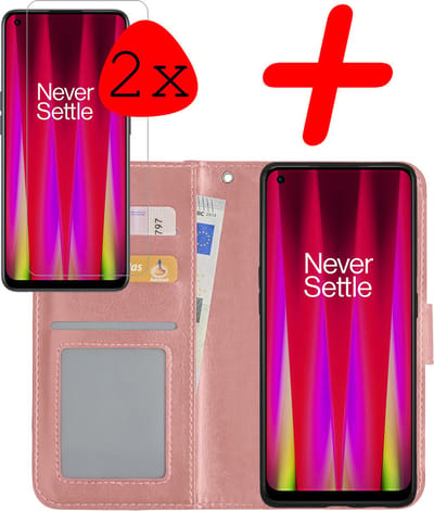 Hoesje Met 2x Screenprotector - Geschikt voor OnePlus Nord CE 2 - Luxe Pasjeshouder - Bookcase Portemonee - Flip Case - Kunstleer Book Case - Flipcase Hoes - Book Cover - Walletcase - Portemonneehoes - Rosé goud