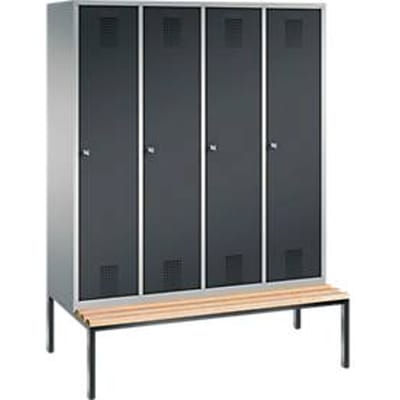 Kapstok Evolo S 3000, staal, Zitbank 4 compartimenten met telkens b 400 mm, cilinderslot, blank aluminium RAL 9006/antraciet RAL 7016